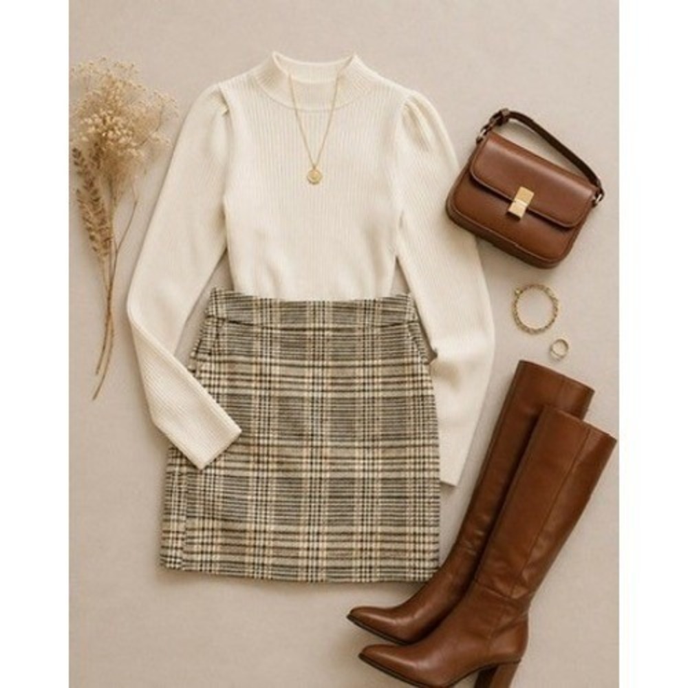 Cabi Women's Size 4 Cream & Brown Glen Check Structured Mini Skirt with Pockets